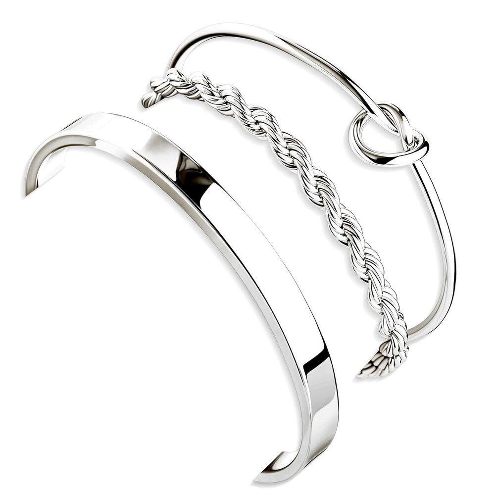 Sterling Silver Plated Bangle Bracelets Stack for Women, Silver Cuff Link Chain
